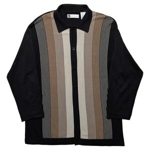 Bachrach Knit Button Shirt Small Black Tan Stripe 3/4 Sleeve Retro Polo